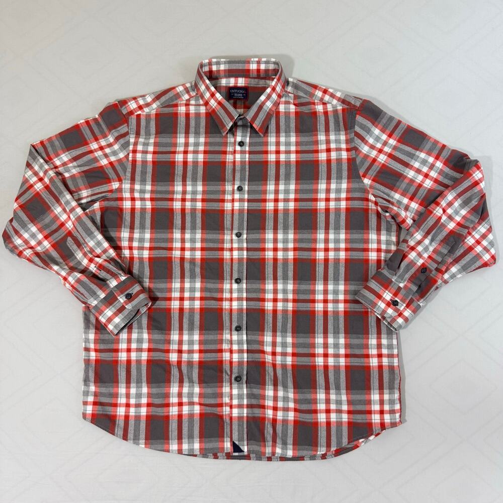 UNTUCKit Shirt Mens 2XL XXL Red Gray Plaid Flannel Cotton Mourvedre Button Up